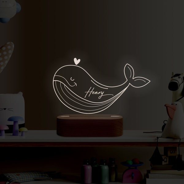 Personalisierte Nachtlampe aus Acryl - Wal, Babygeschenk, Geburt, Taufgeschenk, Kinderzimmer, Schlummerlicht, Nachttischlampe, Babylicht