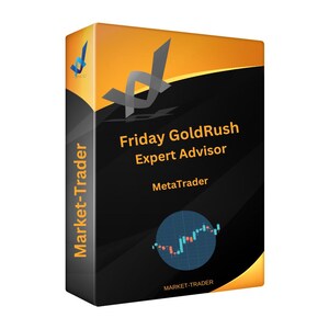May include: A black and orange box with the text "Friday GoldRush Expert Advisor MetaTrader" and a logo of a stylized letter X. The box also has the text "Market-Trader" on the side.