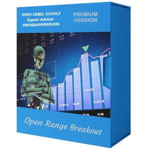 Puede incluir: Una caja azul con el texto "Sven Uebel-Scholz Expert Advisor Programmierung" y "Premium Version" en ella. La caja tiene un gráfico de un robot frente a un gráfico del mercado de valores con el texto "Open Range Breakout".