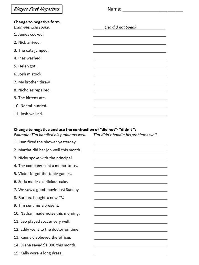 Simple Past Negative Practice Printable - Etsy Canada