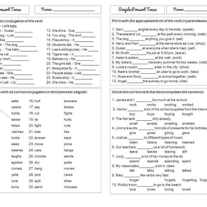 May include: A worksheet with a simple present tense grammar exercise. The worksheet includes a section to write the correct conjugation of verbs, a section to match verbs with their correct conjugation, and a section to fill in the blanks with the appropriate form of the verb in parentheses.