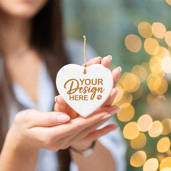 Christmas Ornament Mockup, Heart White Ceramic Ornament, Ornament Mockup On Hand, Printify Ornament Mockup, Sublimation Ornament Mockup