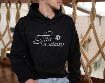 Mockup Gildan 18500, Mockup felpa con cappuccio da uomo, Mockup felpa con cappuccio nera Gildan, Mockup felpa con cappuccio nera
