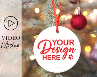 Video mockup di ornamenti natalizi, ornamenti rotondi in ceramica bianca, ornamenti in ceramica stampati a sublimazione, mockup di ornamenti Printify, video mockup di ornamenti