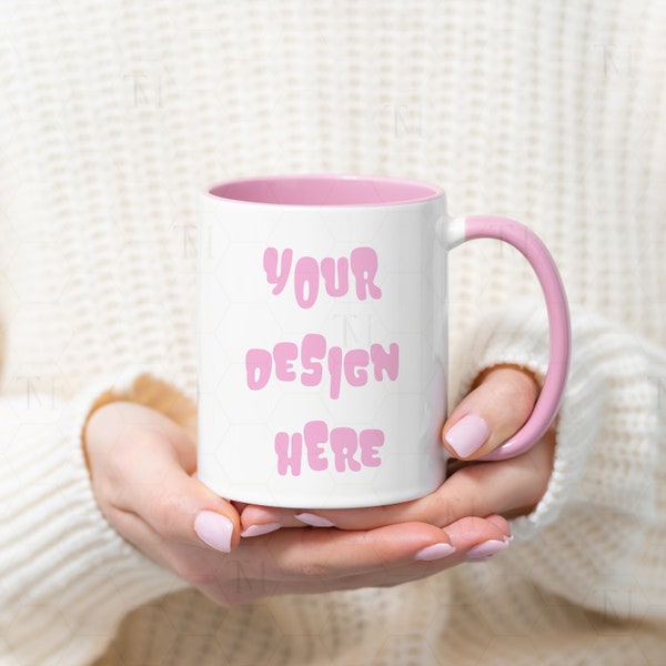 Pink Handle Mug Mockup, White Coffee Mug Mockup, 11oz Mug Mockup, White Ceramic Mug Mockup, White Mug With Pink Handle, Model Mug Mockup