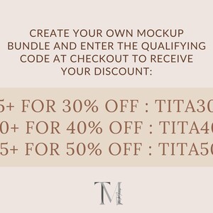 May include: A cream-coloured graphic with text promoting a mockup bundle discount. The text reads "CREATE YOUR OWN MOCKUP BUNDLE" and lists discount codes: TITA30 for 30% off, TITA40 for 40% off, and TITA50 for 50% off.