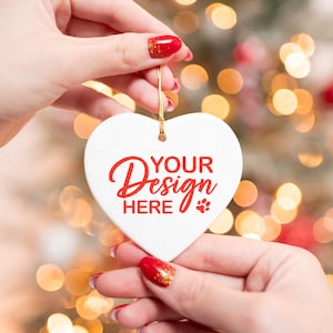 Christmas Ornament Mockup, Heart White Ceramic Ornament, Printify Ornament Mockup, Sublimation Ornament Mockup, Ornament Mockup On Hand