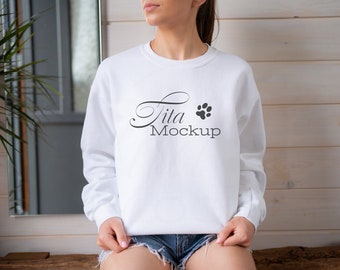 Gildan 18000 Mockup, Gildan White Sweatshirt Mockup, Sweatshirt Model Mockup, White Sweatshirt Mockup