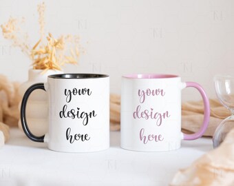 Two Mug Mockup 11 oz, Black and Pink Accent Coffee Mug Mockup, Two Toned Mug Mockup, Color Mug Mockup, Drinkware Mockup, Black Handle Mug
