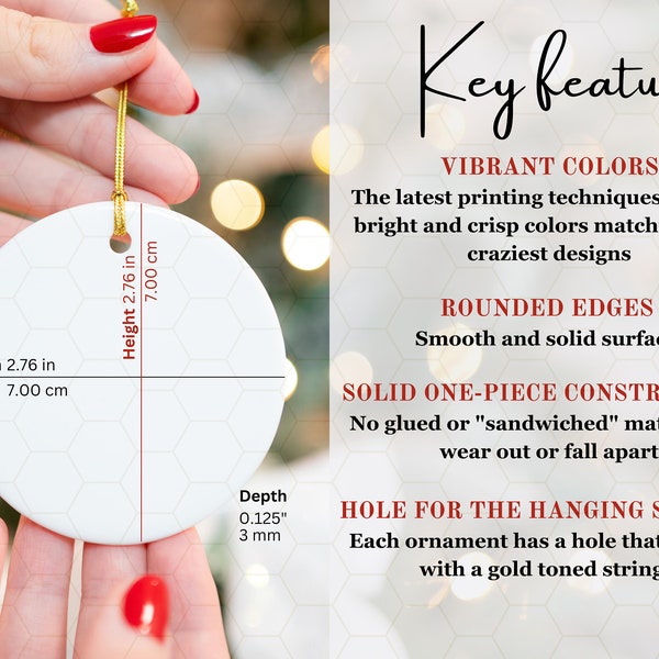 Round Ornament Size Chart, Ceramic Ornament Key Features, Printify Ornament Mockup, Christmas Ornament Mockup Gold String, POD Ornament Mock