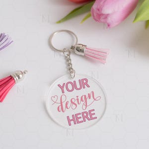 Round Acrylic Keychain Mockup, Circle Keychain Digital Mockup, Blank Acrylic Keyring for Sublimation, Transparent Keychain Design Mockup