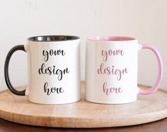 11 oz Accent Mug Mockup, Two Mug Mockup, Pink Handle Mug Mockup, Two Tone Mug Mockup, Black Handle Mug Mockup, Color Tone Mug Mockup