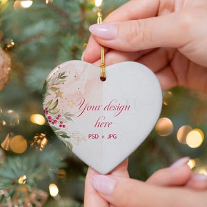 PSD Ornament Mockup Weihnachten, Smart Objekt Mockup, Printify Ornament Mockup, Herz Weiß Keramik Ornament, Herz Keramik Ornament Mockup