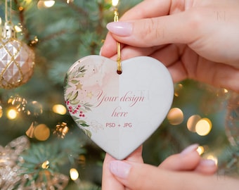 PSD Ornament Mockup Christmas, Smart Object Mockup, Printify Ornament Mockup, Heart White Ceramic Ornament, Heart Ceramic Ornament Mockup