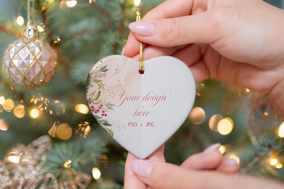 PSD Ornament Mockup Christmas, Smart Object Mockup, Printify Ornament Mockup, Heart White Ceramic Ornament, Heart Ceramic Ornament Mockup