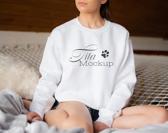 Gildan 18000 Mockup, Gildan White Sweatshirt Mockup, Sweatshirt Model Mockup, White Sweatshirt Mockup