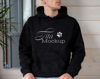 Mockup Gildan 18500, Mockup felpa con cappuccio da uomo, Mockup felpa con cappuccio nera Gildan, Mockup felpa con cappuccio nera