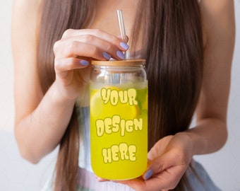 May include: A clear glass jar with a bamboo lid and a straw filled with a yellow liquid. The jar has the text "YOUR DESIGN HERE" printed on it.