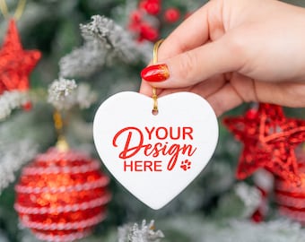 Christmas Ornament Mockup, Printify Ornament Mockup, Ornament Mockup On Hand, Heart White Ceramic Ornament, Sublimation Ornament Mockup