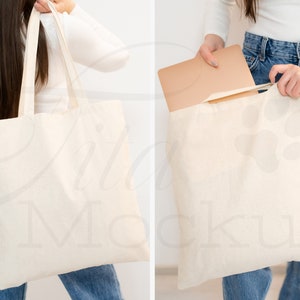 May include: A person is holding a white canvas tote bag. The bag is empty in the first image and has a laptop inside in the second image.