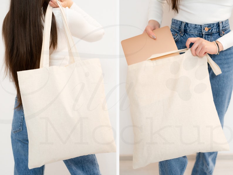 May include: A person is holding a white canvas tote bag. The bag is empty in the first image and has a laptop inside in the second image.