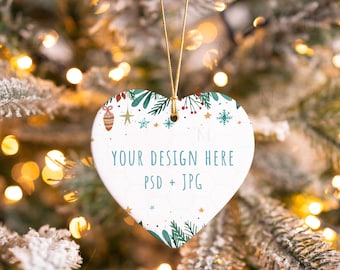 Smart Object Heart Ornament Mockup, PSD Ornament Mockup, Printify Ornament Mockup, Heart Ceramic Ornament Mockup, Christmas Ornament Mockup