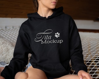 Gildan 18500 Mockup, Gildan Czarny Bluza z Kapturem Mockup, Model Bluzy z Kapturem Mockup, Czarny Bluza z Kapturem Mockup
