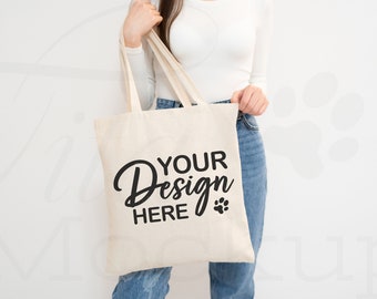 Canvas Tote Bag Mockup, Print on Demand, Model Mock up (Digital Download)