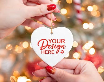 Christmas Ornament Mockup, Heart White Ceramic Ornament, Ornament Mockup On Hand, Printify Ornament Mockup, Sublimation Ornament Mockup