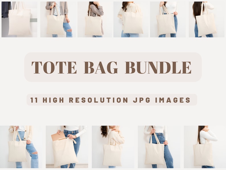 May include: A set of 11 high-resolution images featuring a white tote bag held by a person in various poses against a white background.  The tote bag is made of canvas and has a simple design.  The images are perfect for showcasing your designs or products.