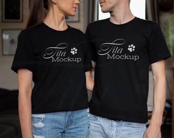 Mockup Bella Canvas 3001, Mockup de Camiseta de Casal, Mockup Bella Canvas Preto, Mockup de Camiseta Preta