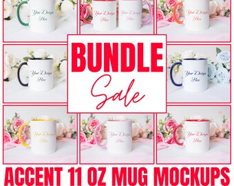 11 oz Accent Mug Mockup Bundle, Colored Mug Mockup, Two Tone Mug Mockup, Pink Handle Mug Mockup, Accent Coffee Mug Mockup, 11 oz Ceramic Mug