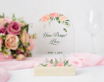 PSD Arch Acrylic Table Sign Makieta, Akrylowy Numer Tabeli Makieta, Makieta Znaku Ślubnego, Makieta Papeterii Ślubnej, Przezroczysty Akryl Makieta