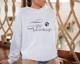 Maqueta de Gildan 18500, maqueta de sudadera blanca Gildan, maqueta de modelo de sudadera, maqueta de sudadera blanca, maqueta de sudadera