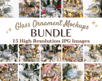 May include: A set of 15 high-resolution JPG images featuring glass Christmas ornaments with a gold ribbon and the text "Your Design Here" on a white background. The ornaments are displayed on a Christmas tree and in the hands of a person.