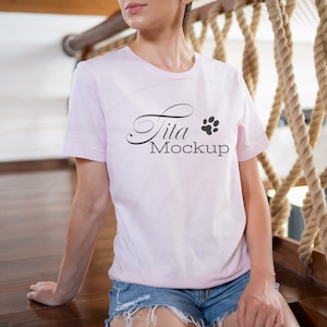 Soft Pink Bella Canvas 3001 Mockup, Digital Tshirt Real Model Mockup, BC 3001 Mockup, Boho Tee Shirt Mockup, Lifestyle Farmhouse Mockup