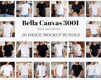 Bella Canvas 3001 T-Shirt Mockup Bundle, 20 Black and White Shirt Mockups, Bella Canvas Mockup with Real Models