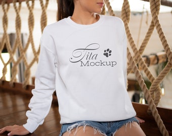Gildan 18000 Mockup, Gildan White Sweatshirt Mockup, Sweatshirt Model Mockup, White Sweatshirt Mockup