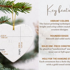 Heart Ornament Size Chart, Ceramic Ornament Key Features, Heart Ornament Mockup, Christmas Ornament Mockup Gold String, POD Ornament Mock