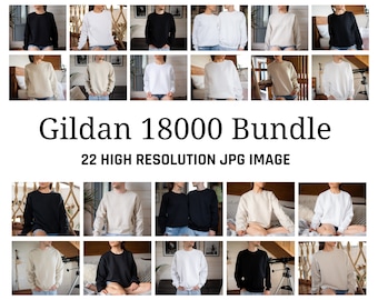 Gildan 18000-sweater-mockupbundel, 22 wit, zwart en zand-mockups met ronde hals, Gildan 18000-mockup