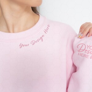 Neckline Sweatshirt Mockup, Collar Gildan 18000 Mockup, Sleeve Mockup, Pink Sweatshirt Sleeve Mockup, Sweater Mockup, POD Mockup, G180 Mock
