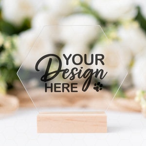 Zeshoek acryl tafelbord mockup, acryl tafelnummerbord mockup, bruiloft bord mockup, bruiloft briefpapier mockup, helder acryl mockup