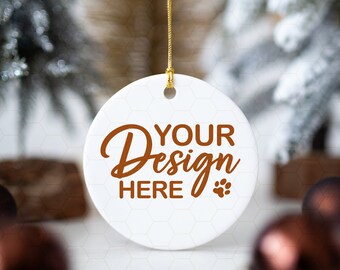 Christmas Ornament Mockup Gold String, Ornament Mockup Printify, Round Ceramic Ornament, Sublimation Circle Ceramic Ornament, Pod Mockups