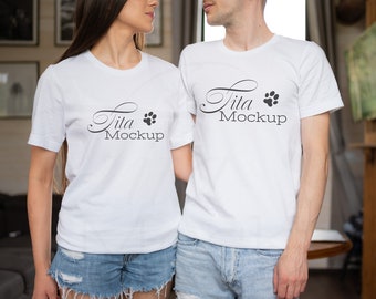 Bella Canvas 3001 Couple T-Shirt Mockup Real Photo, White Tee Mockup