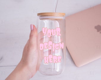 Glass Can Mockup 16 oz, Glass Beer Can Mockup, 16 oz Clear Glass Can Mockup, Glass Cup Mockup, Boho Glass Can Mockup