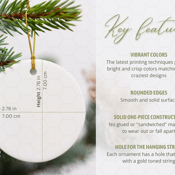 Round Ornament Size Chart, Ceramic Ornament Key Features, Printify Ornament Mockup, Christmas Ornament Mockup Gold String, POD Ornament Mock