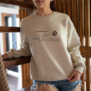 Gildan 18000 Mockup, Gildan Sand Sweatshirt Mockup, Sweatshirt Model Mockup, Sand Sweatshirt Mockup