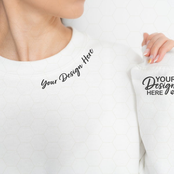 Neckline Sweatshirt Mockup, Collar Gildan 18000 Mockup, Sleeve Mockup, White Sweatshirt Sleeve Mockup, Sweater Mockup, POD Mockup, G180 Mock