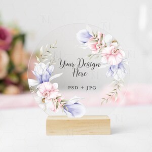 PSD Rundes Acryl Tischschild Mockup, Acryl Tischnummer Schild Mockup, Hochzeitsschild Mockup, Hochzeit Briefpapier Mockup, durchsichtiges Acryl Mockup