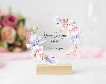 PSD ronde acryl tafelbord mockup, acryl tafelnummerbord mockup, bruiloft bord mockup, bruiloft briefpapier mockup, helder acryl mockup